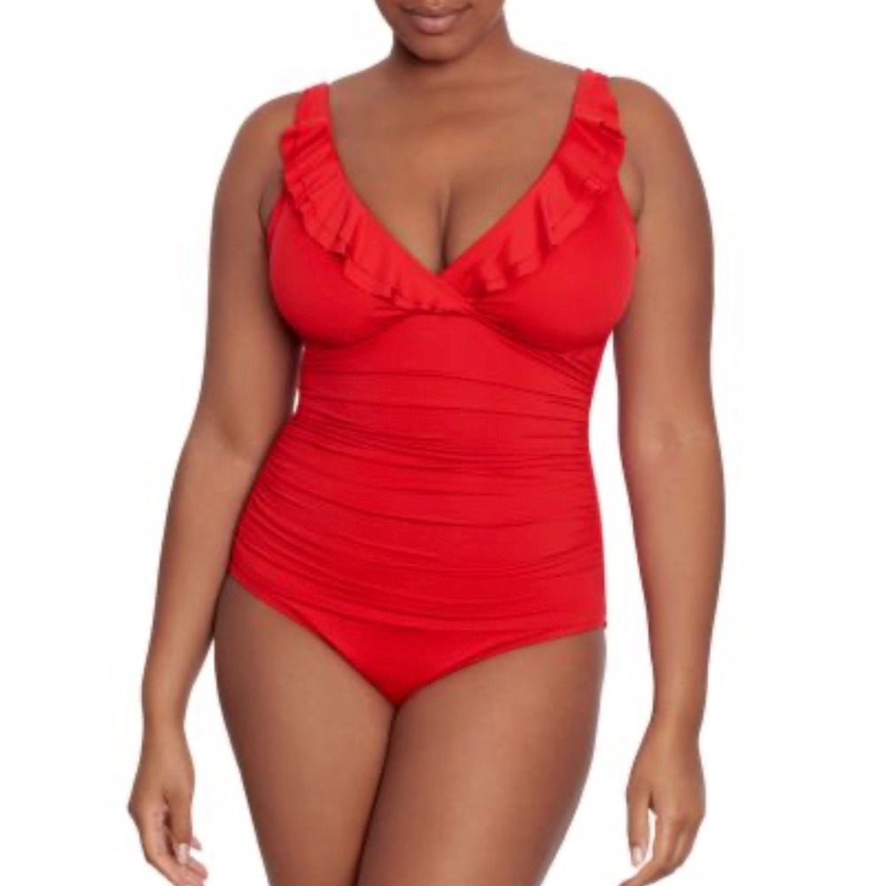 Lauren‎ Ralph Lauren Women's Solid Ruffle Surplice One-Piece Swimsuit (16, Red)